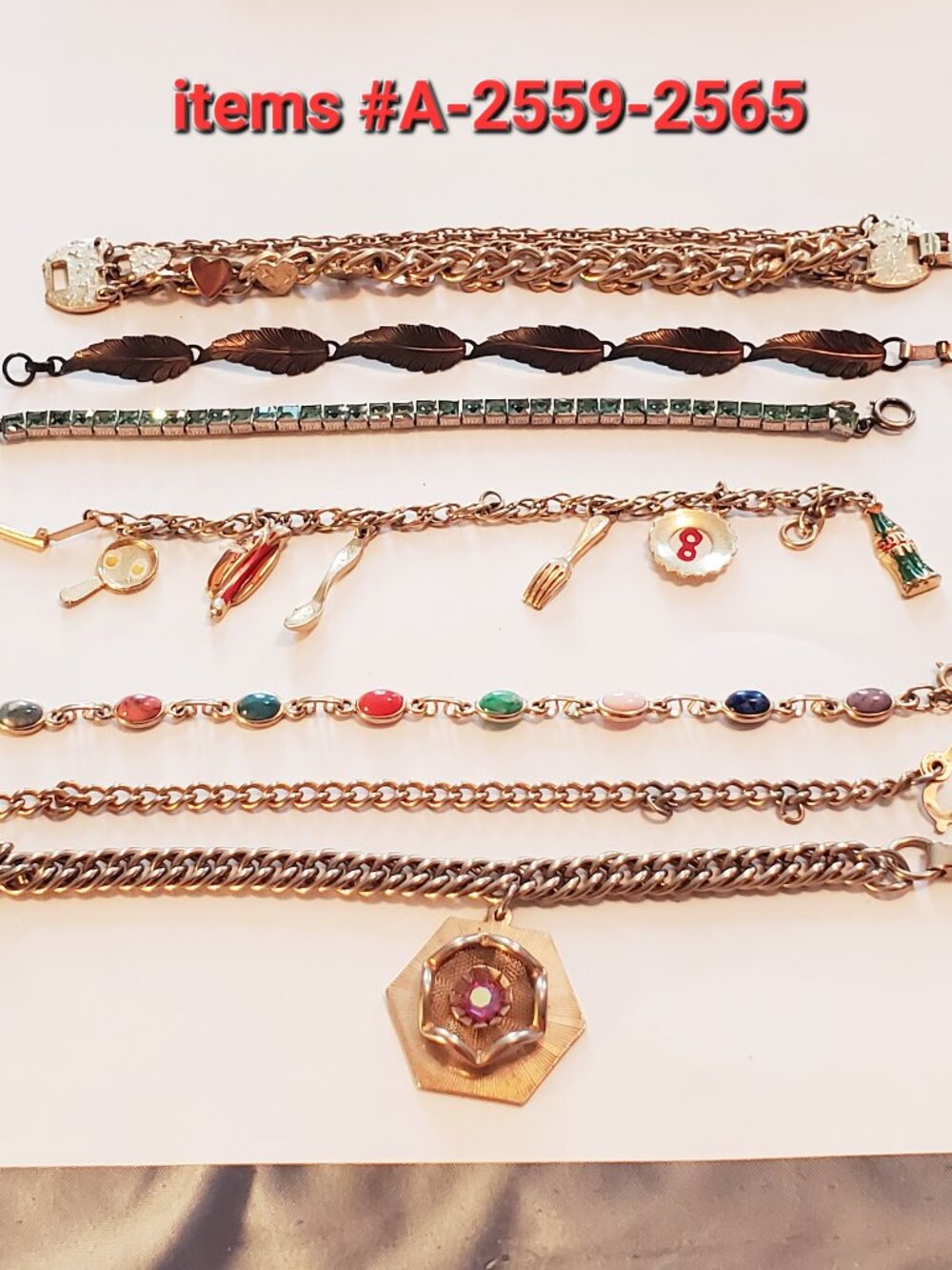 7 Bracelets, items # A-2559-2565., wt. 105 grams.